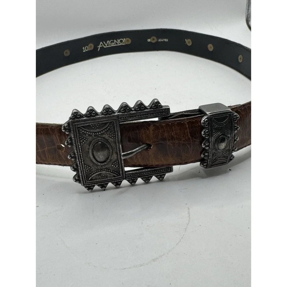 Vintage 80's Avignon Belt Sz M Brown Leather Silver Tone Buckle Fast Shipping